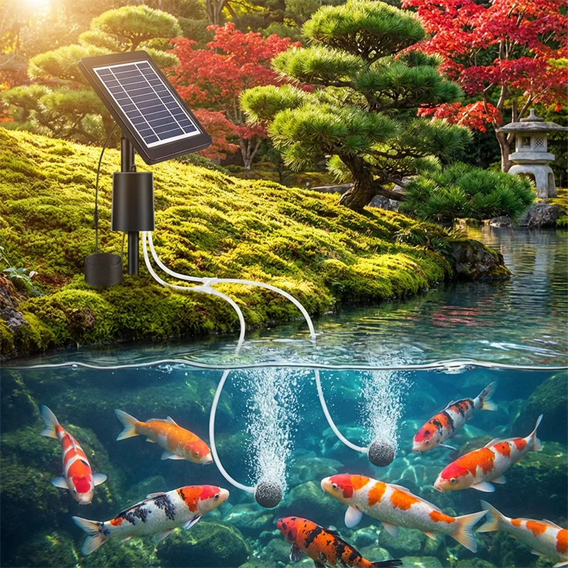 Solar Air Pump/Pond Pump, 4W Upgraded Solar Panel Built in 2200mAh Battery, with Double Air Bubble Stones, for Aquarium Pond Etc