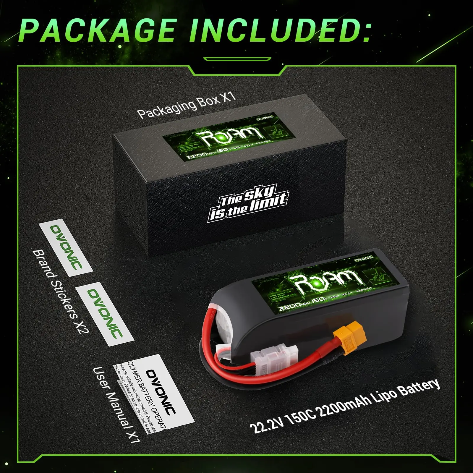 OVONIC Batterie Lipo 6S 1550 MAh 22,2 V 150 C Avec Prise XT60 – Pour Drone FPV, Hélicoptère RC, Quadcopter – Haute Performance