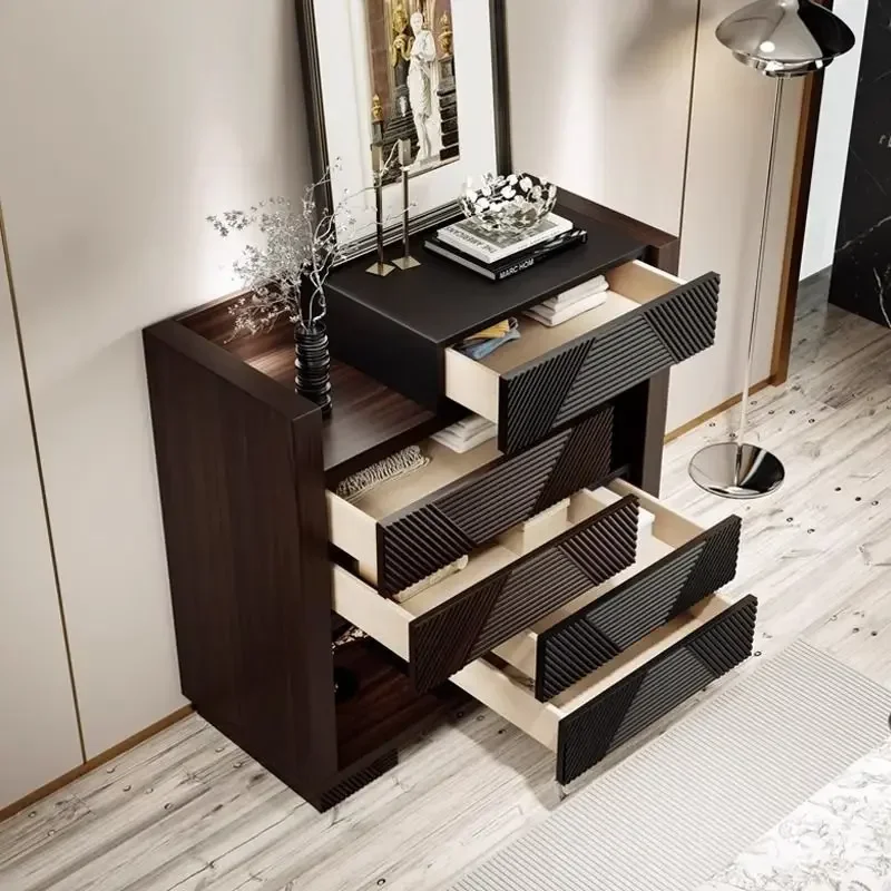 HT  Light Luxury Vintage Style Solid Wood Five-Drawer Cabinet, Side Cabinet, Telescopic Adjustable Solid Wood