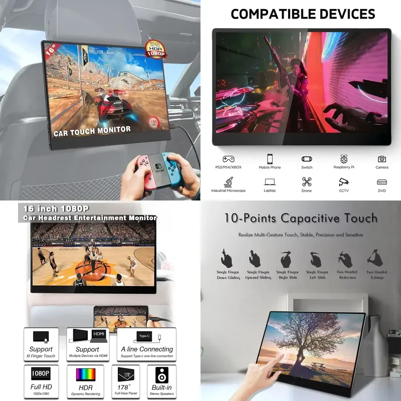 Back Seat Touch Screen 16 Inch 1080p Portable LCD Headrest Car Player With HD Input Built In Dual Speaker
