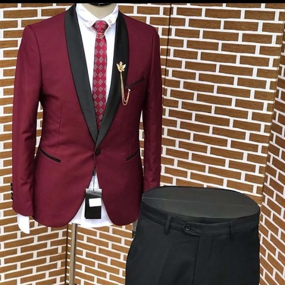 

Formal Men Suits Casual 2 Piece Burgundy Jacket Black Pants Set One Button Shawl Lapel Outfits Terno Costume Homme Terno 2024