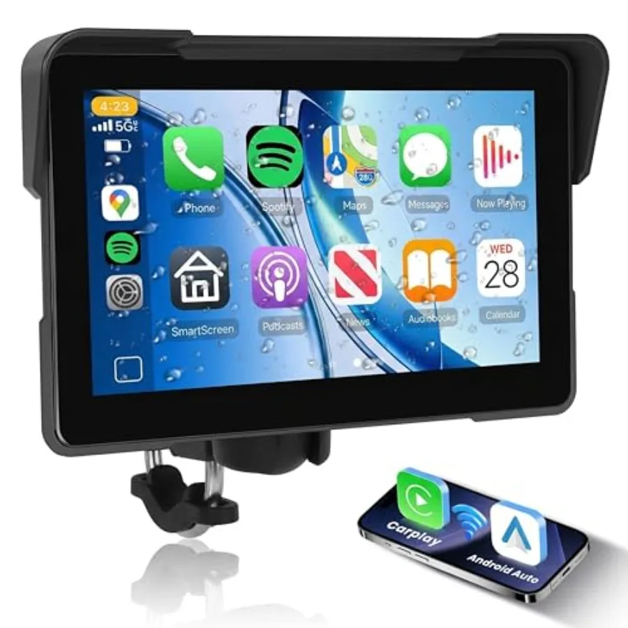 

Motorcycle GPS Navigation System: 7 Inch CarPlay Android Auto Portable Touchscreen Dual Bluetooth Siri Google Assistant EQ IP67