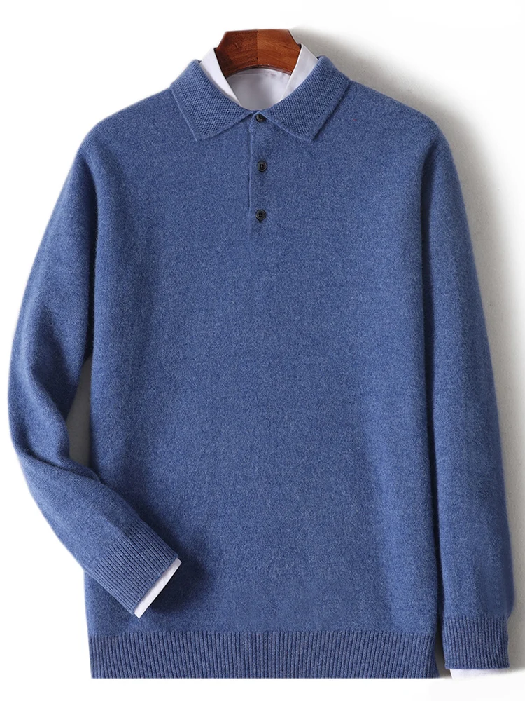 Merino 100% Wool Men's Shirt Collar Casual Fashion Base Pullover Autumn Winter Warm Long Sleeved Knitted Sweater