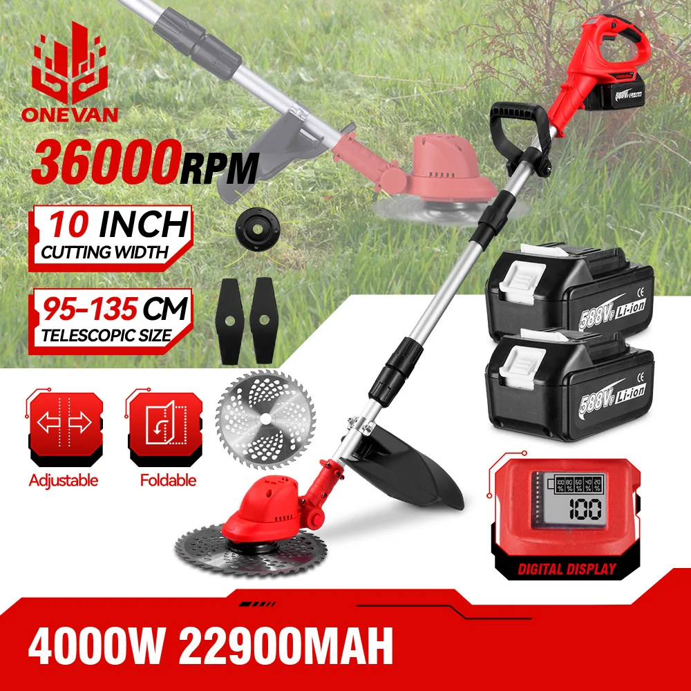 

10Inch 4000W Brushless Electric Lawn Mower 36000RPM Cordless Grass Trimmer Length Adjustable Garden Tools For Makita 18V Battery