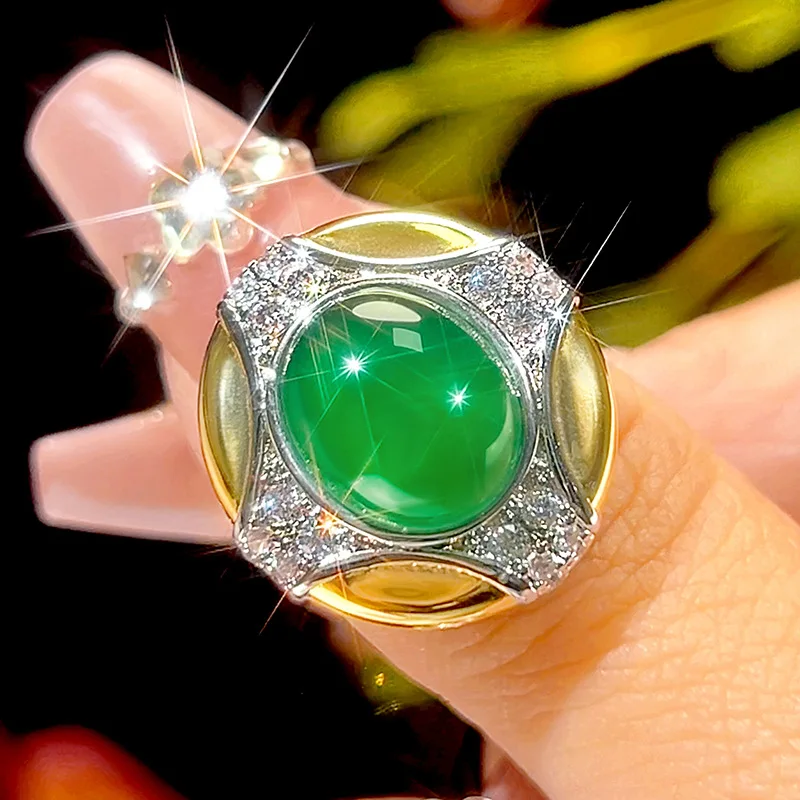 Two Tone Gold Silver Plated Oval Green Jade Jewelry Adjustable Ring Necklace Earrings Luxury Bridal Wedding Party Women Jewelry