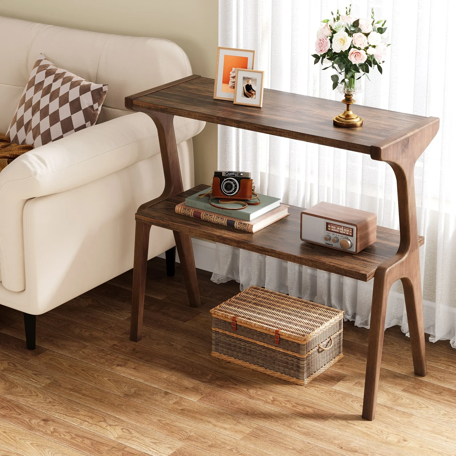 طاولة جانبية من الخشب الصلب، طاولة جانبية من طبقتين مع رف تخزين لغرفة المعيشة، بني #4