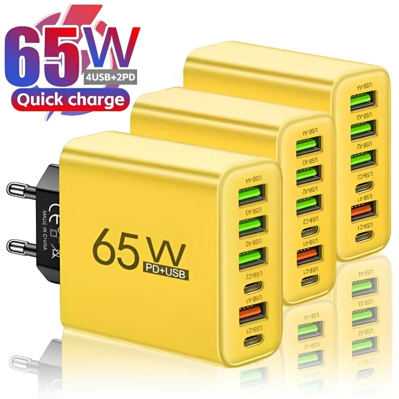 

Total 65W Quick Charging Adapter 4USB+2Type C 6ports Fast Wall Charger EU/US/UK Plug for Samsung Xiaomi IPhone Huawei OPPO Vivo