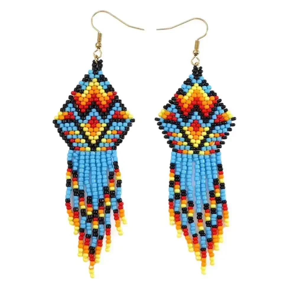 Versatile Bohemia Tassel Earrings Rainbow Geometry Beaded Versatile Hand Knitting Alloy Simple Rice Bead Tide Ear Jewelry