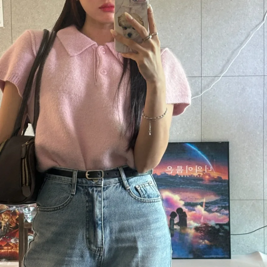 2026 Autumn New Sweet Temperament Simple Lapel Short-sleeved Knitted Sweater Top Women's T-shirt