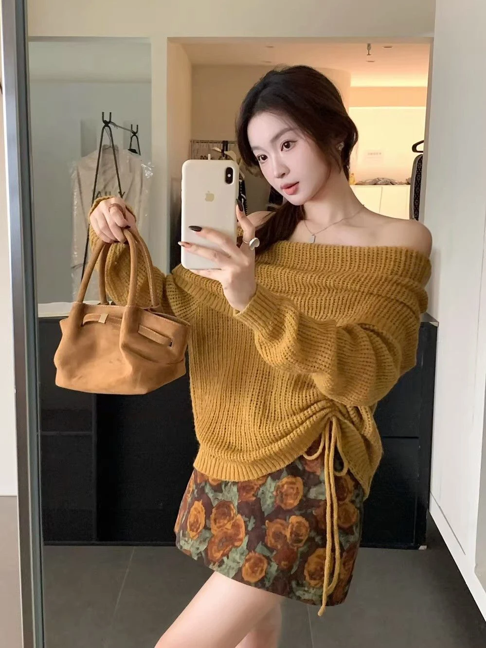 French Style Loose Fit Knitted Sweater Women's Fashion Shoulder Bared Drawstring Hooded Coffee Color Top for Autumn Daily Wear