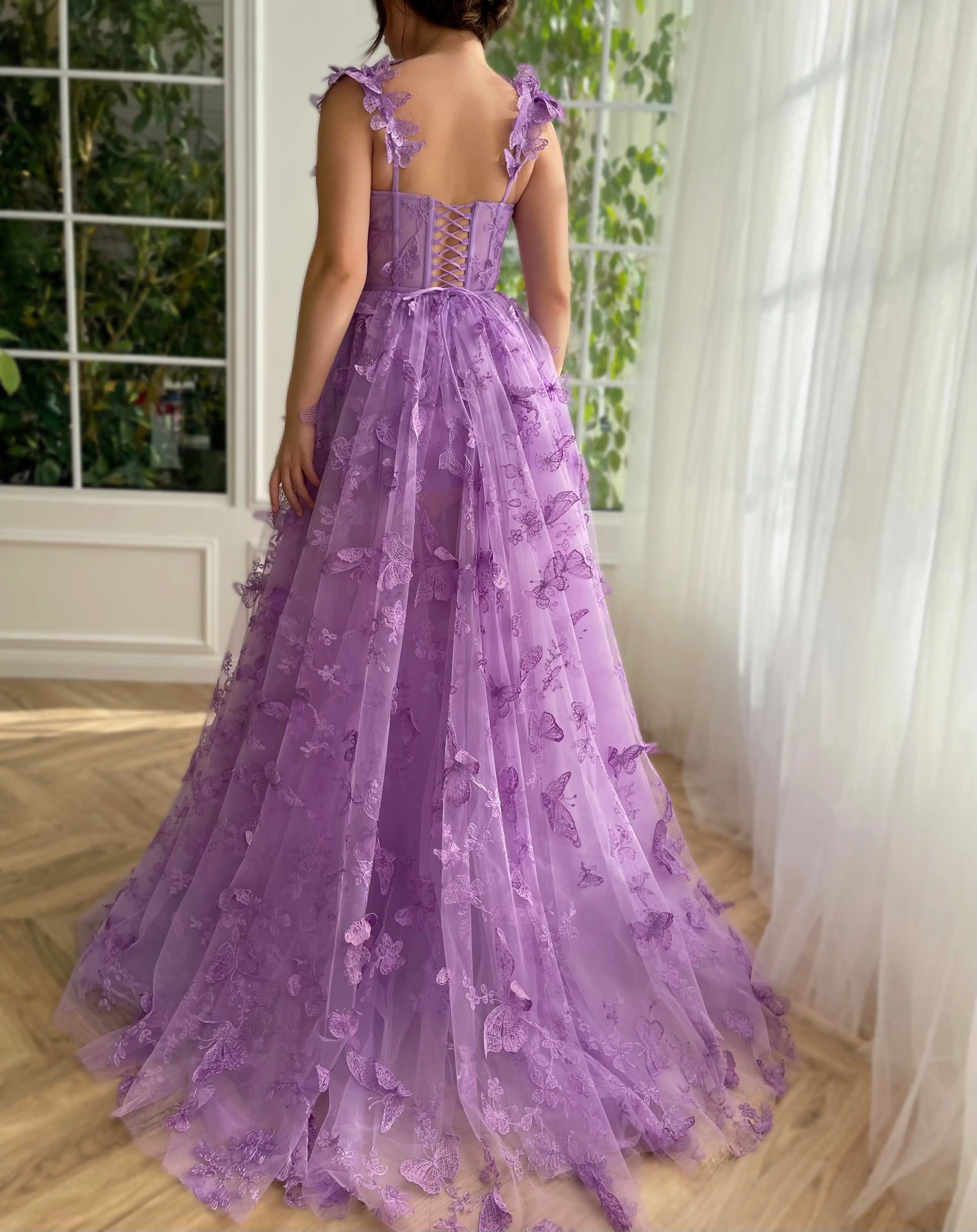 Lilac Lace Prom Dresses 2024 Butterfly Spaghetti Straps Sweetheart A Line with Pocket Belt Hi-lo Corset Zipper Back Evening Gown