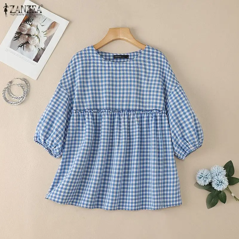 

ZANZEA Модная летняя блузка с круглым вырезом и коротким рукавом, женская клетчатая рубашка, повседневная свободная праздничная рубашка, женская рабочая блузка