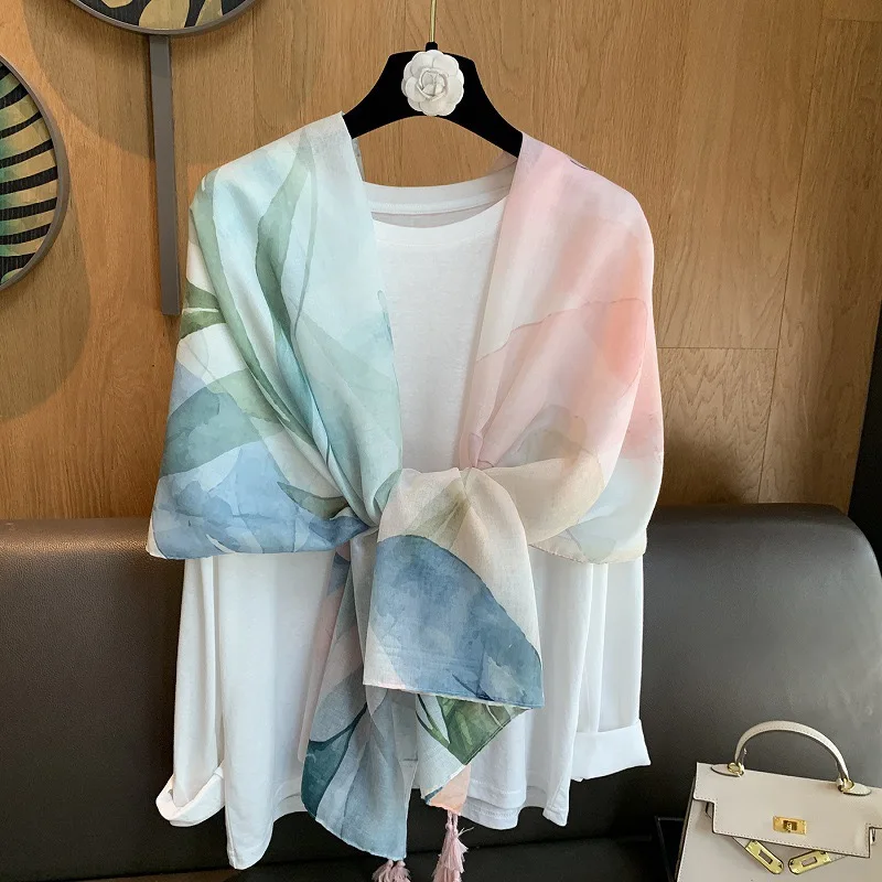 Fashion Ombre Ink Painting Floral Tassel Viscose Soft Scarf Cotton Shawls Women Perfect for Travel Casual Muslim Hijab 180*90Cm