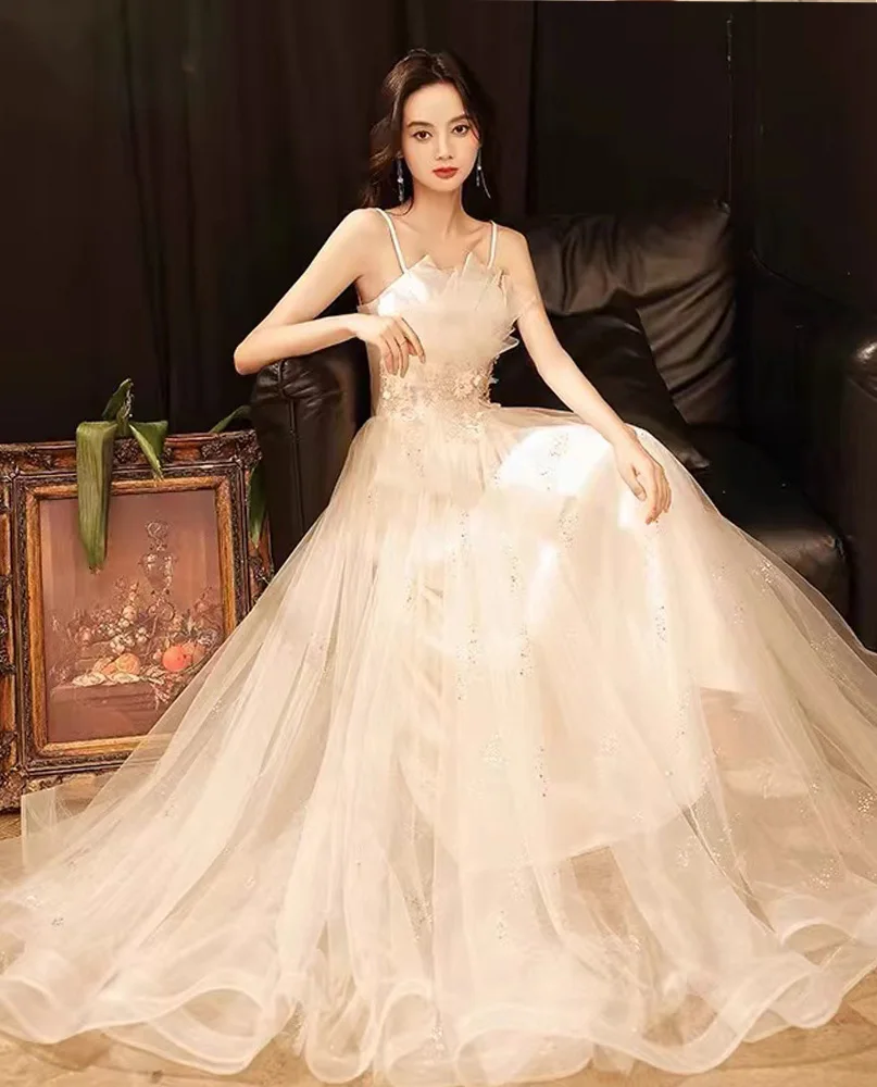 Giyu Fairy Lace Followers Korea Wedding Dress Photoshoot Draped Floor-Length Evening Gown Dress Birthday Party Dress