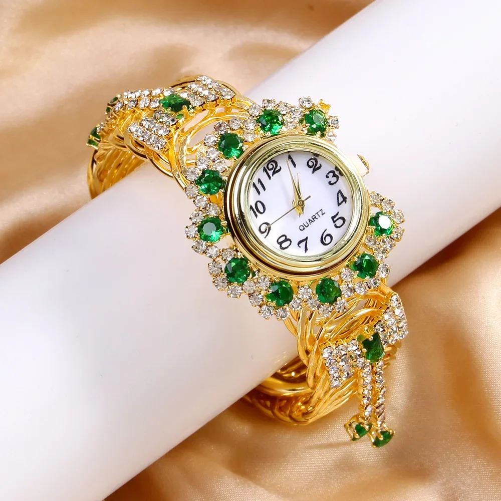 Jam Tangan Gelang Wanita Berlian Antik Modis Jam Tangan Kuarsa Aloi Emas Elegan Mewah Jam Berlian Imitasi Wanita Montre Femme