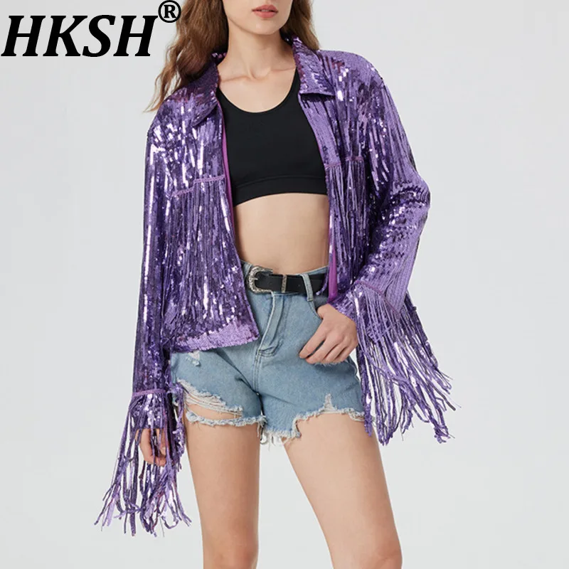 

HKSH Autumn New Women Chic Jacket Sequins Tassel Cardigan Turn-down Collar Streetwear Short Coat Punk Style Stage Clothes HK9883