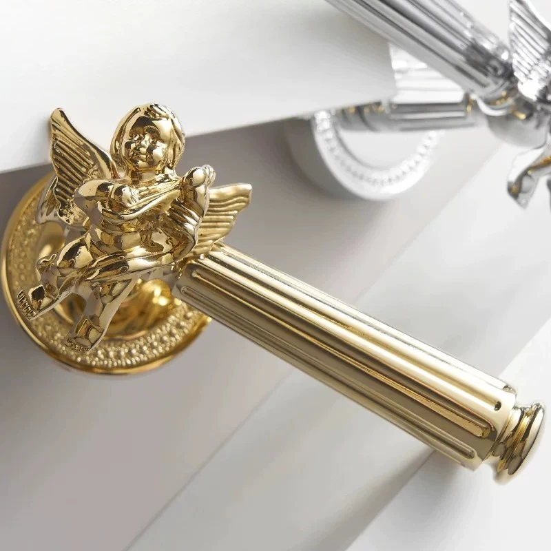 Brass Little Angel French Gold Magnetic Silent Door Lock, Interior Bedroom Wood Handle, Rustproof Anti Wear Cylinder