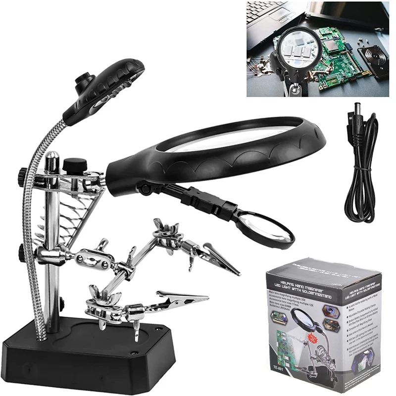 3.5X 12X Welding Magnifying Glass LED Light Magnifier With Auxiliary Clip Alligator Clamp and Solder Iron Stand Holder Station