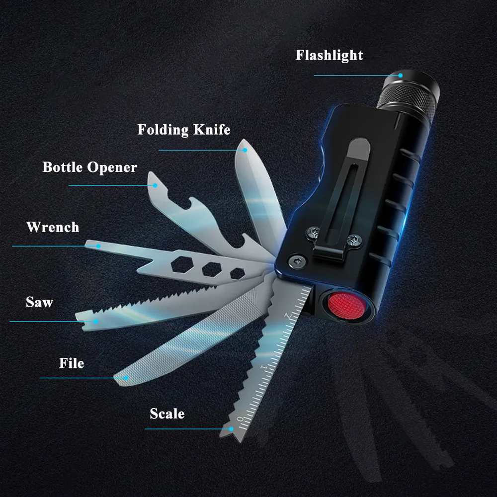 Outdoor Camping Multi-tool Folding Knife Flashlight Self Defense Jackknife Survival Equipment Hunting Military Tactical Knife