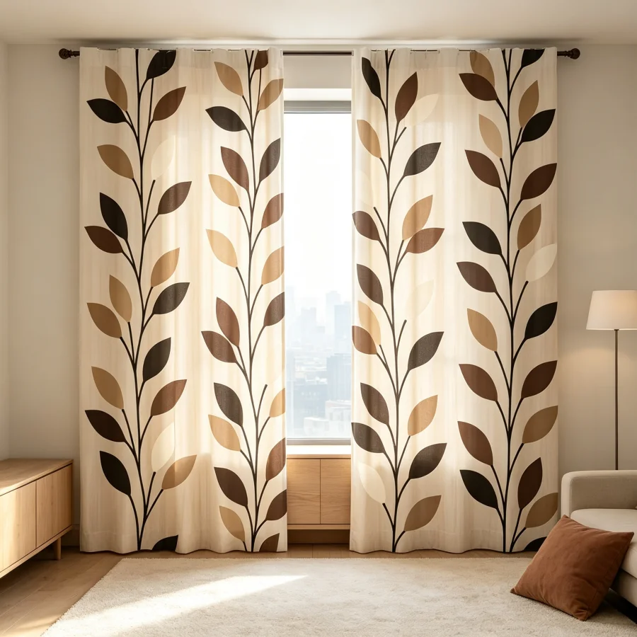 2PCS Digital Print Curtain, Brown Coffee Branches Leaves, Warm Earthy Botanical Rustic Style for Living Room Bedroom Decor