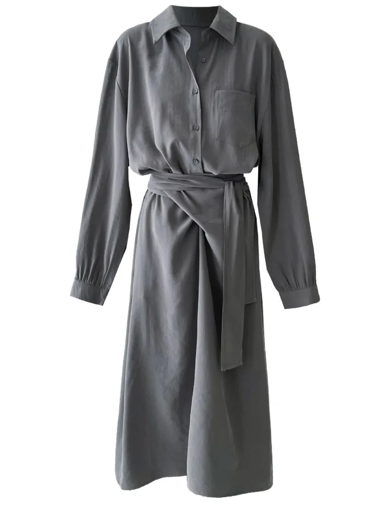 WHTREND vestido camisero de estilo coreano para mujer otoño nuevas mangas largas cintura fruncida Irregular elegante vestidos largos Oficina señora WH1469