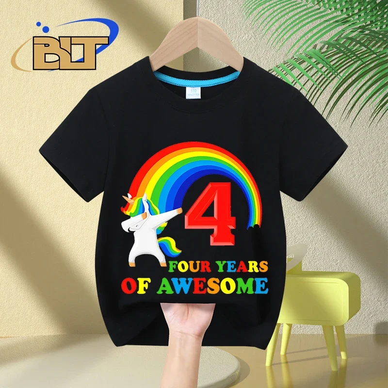 Camiseta infantil pintada com unicórnio, blusa casual de algodão de manga curta, presente do 4 ° aniversário