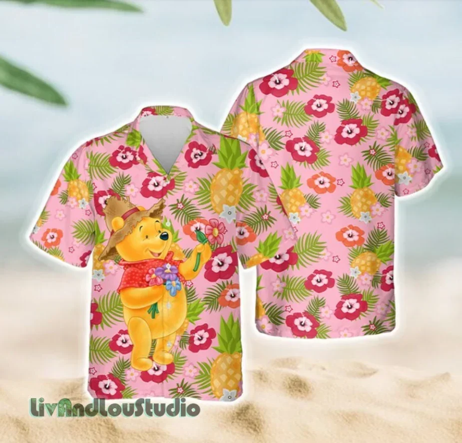 Potdemiel Co Branded Winnie Bear Hawaiian 3D Shirt, Cartoon Fashion Party Dress Men's And Women's Short Sleeved Shirt