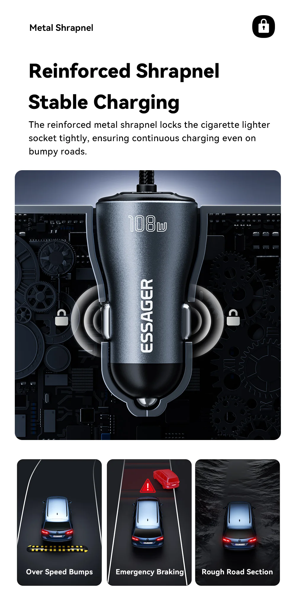 Essager 108W Car Charger with USB-C & USB-A Ports PD QC4.0 Fast Charging Digital Display Spring Cable for iPhone 17 pro MacBook