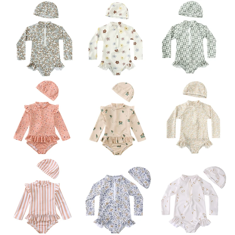 

New Fashion Kids Girl Swimwear Ins Aesthetic Floral Swimsuit Swimming Hat Set for Baby Girl Travel Summer Beach Child Clothes