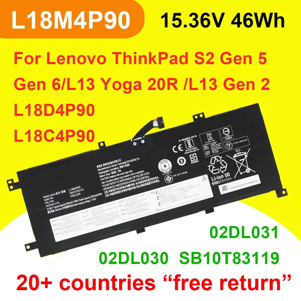 

Для Lenovo L18M4P90 Аккумулятор для ноутбука ThinkPad L13 Yoga 20R5 20R6 Gen 2,S2 Gen 5/6L18D4P90 L18C4P90 02DL030 SB10T83119 15,36 В 46 Втч