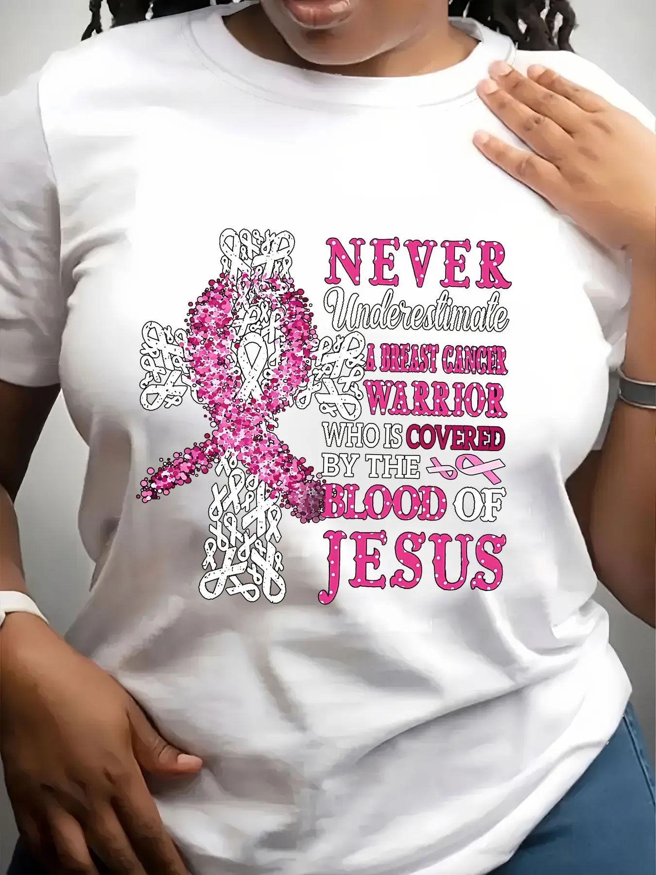 Women's Trendy Crew Neck T-Shirt Pink Ribbon Breast Cancer Warrior Suitable for Casual Sportswear