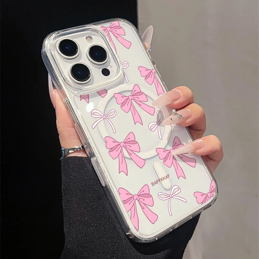 Pink Bow Coquette Girly Series Clear Phone Case For iPhone 17 14 15 16 11 12 13 Pro Max Air 16E 17E 14 15 16 Plus Magnetic Cover