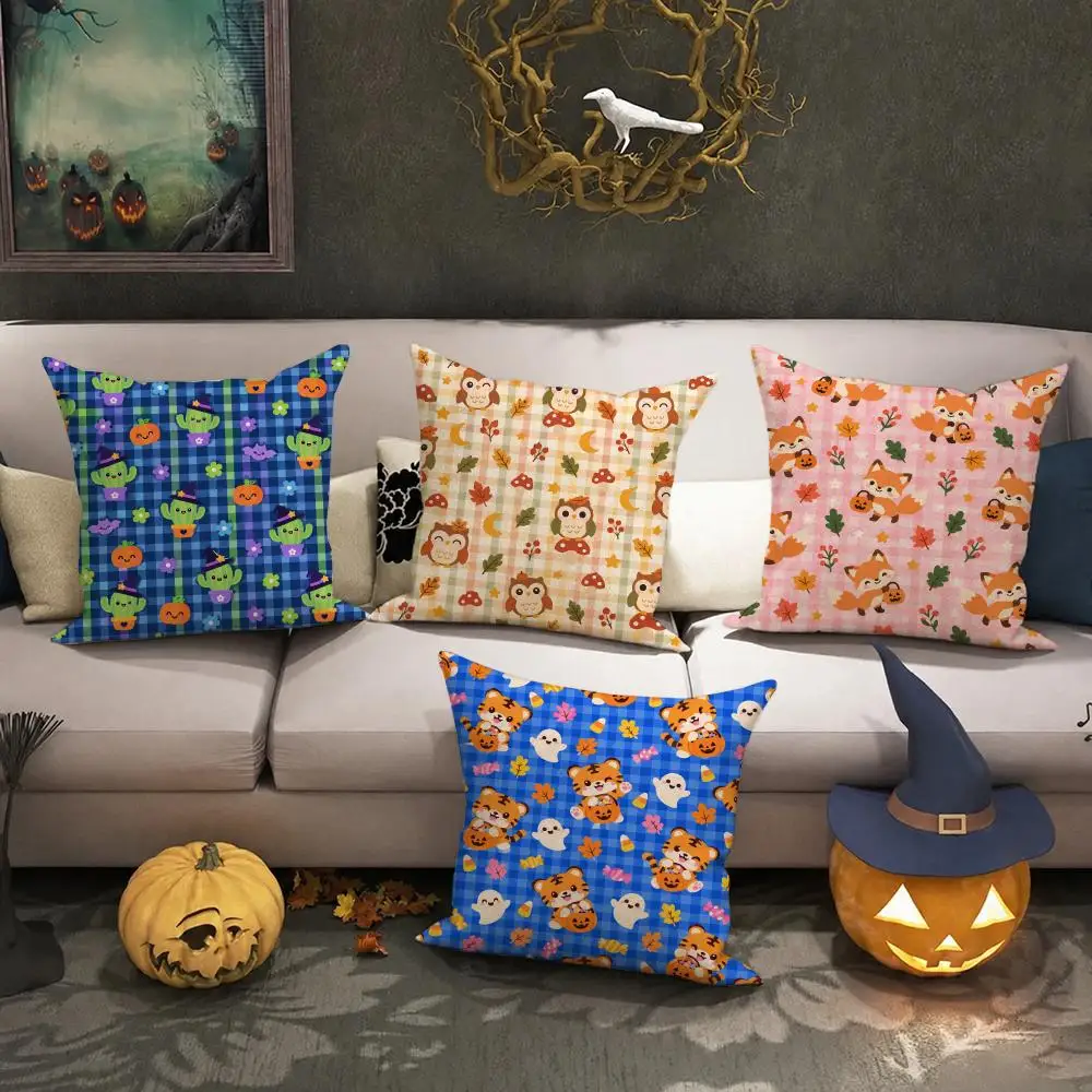 Cute Halloween Pets Cushion Cover Halloween Rustic Throw Pillow Covers, Cute Ghost Pumpkin Maple Leaf Cushion Covers