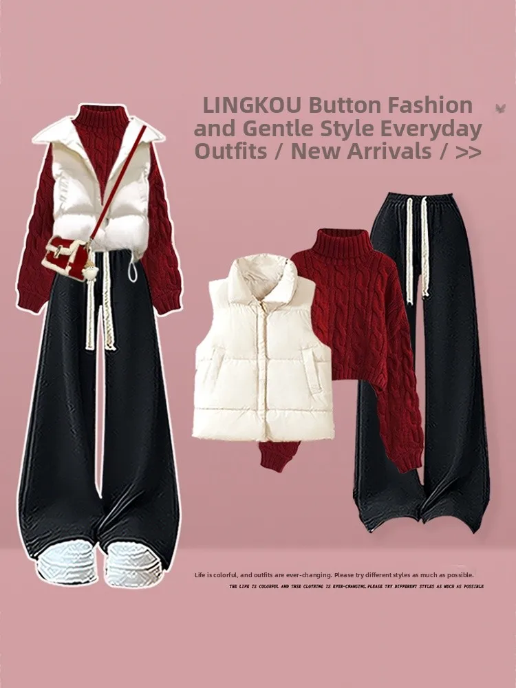 

Women's Casual Knitted Cisas Red Sweater Vest Set Autumn Winter Long Pants Tee-Piece Suit Comfortable Cotton Outerwear