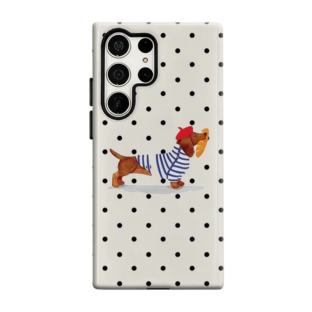 Dachshund Beret Stripes Phone Case For Samsung Galaxy S25 S26 Ultra S24 S23 Plus Shockproof Double Layer Tough Back Cover