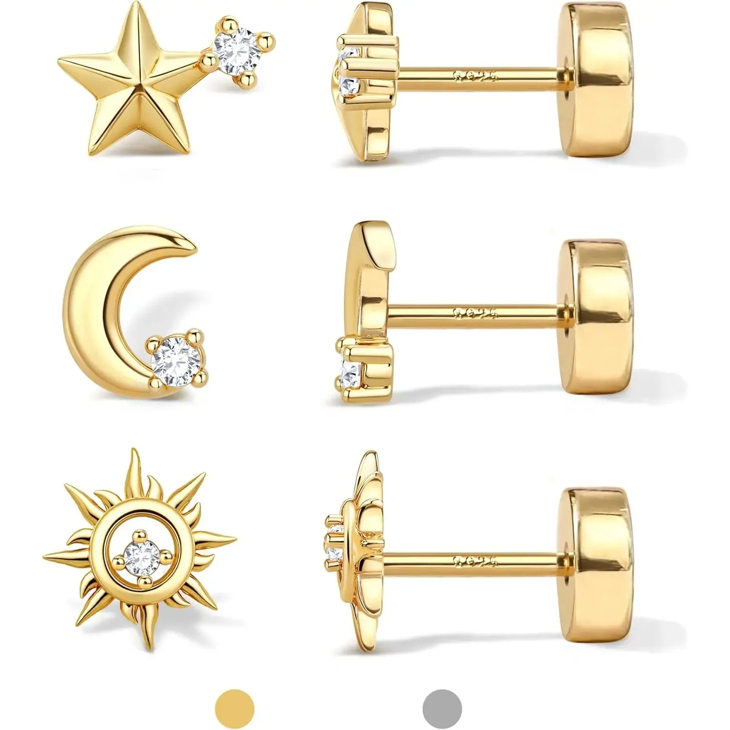 Bobisty 3 Pairs Flat Back Stud Earrings for Women Men 14K Gold Plated CZ Screw Helix Tragus Cartilage Piercings Jewelry