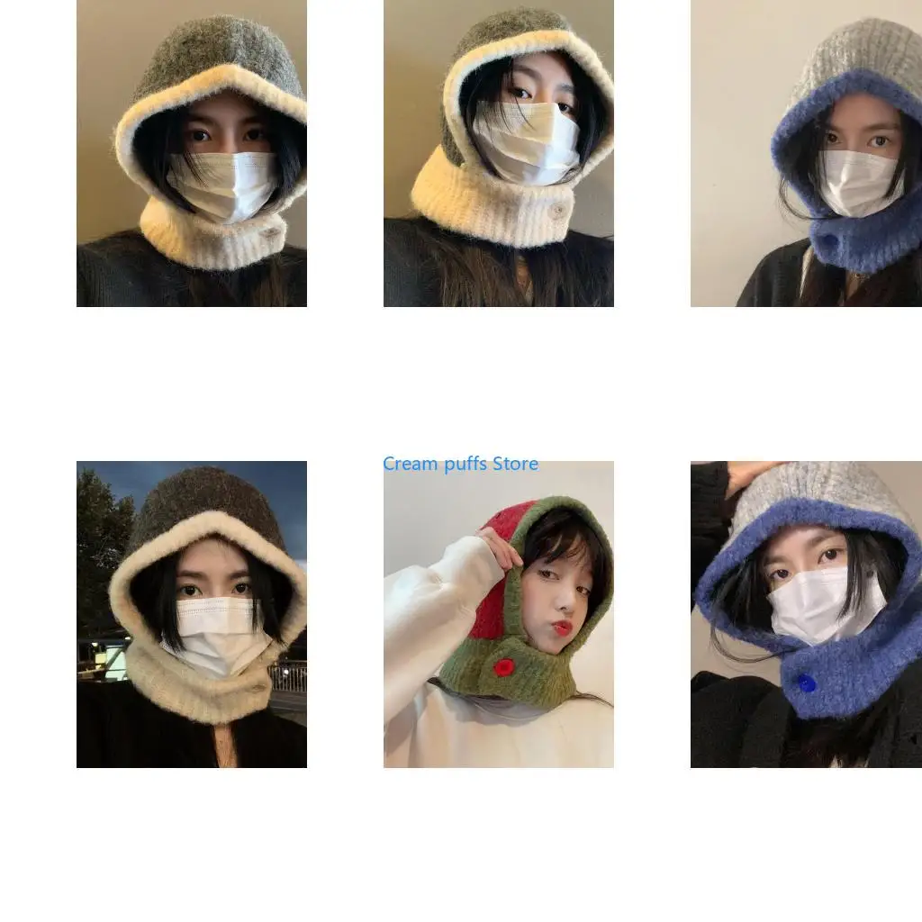 50LE Girl Winter Hat Knitting Woolen Hat Balaclava Hooded Hat Outdoor Neck Scarf Woolen Caps Windproof Headwear Pull-over Hat