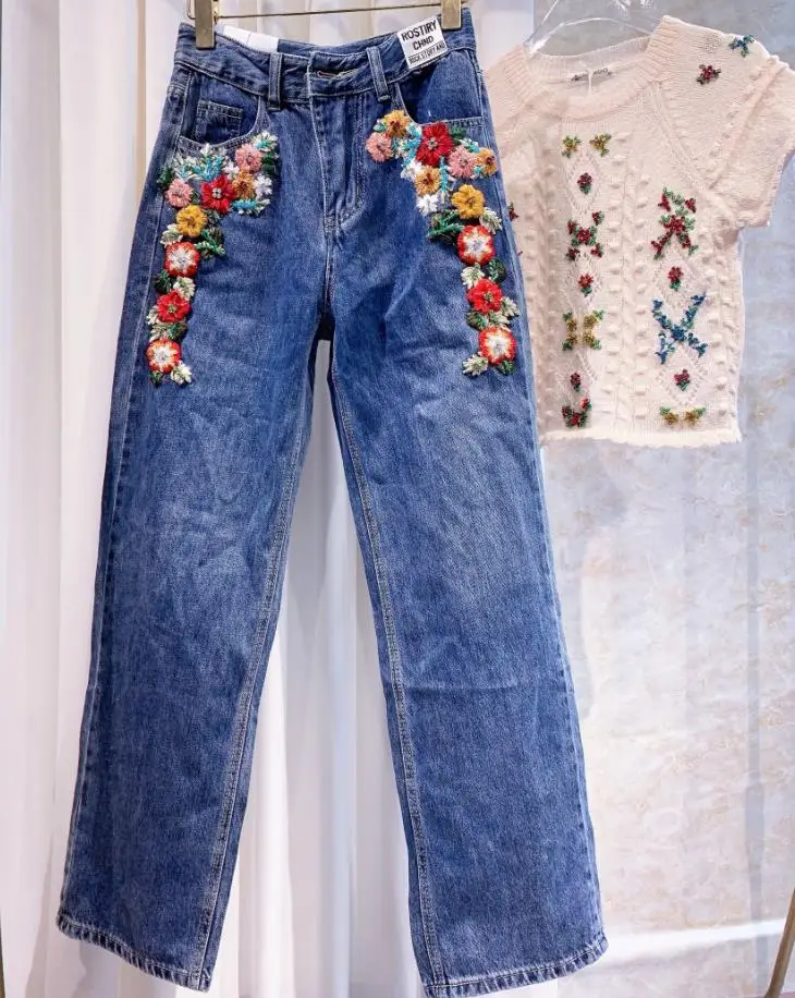 

High Waist Embroidered Loose Wide Legs Stretch Jeans Women