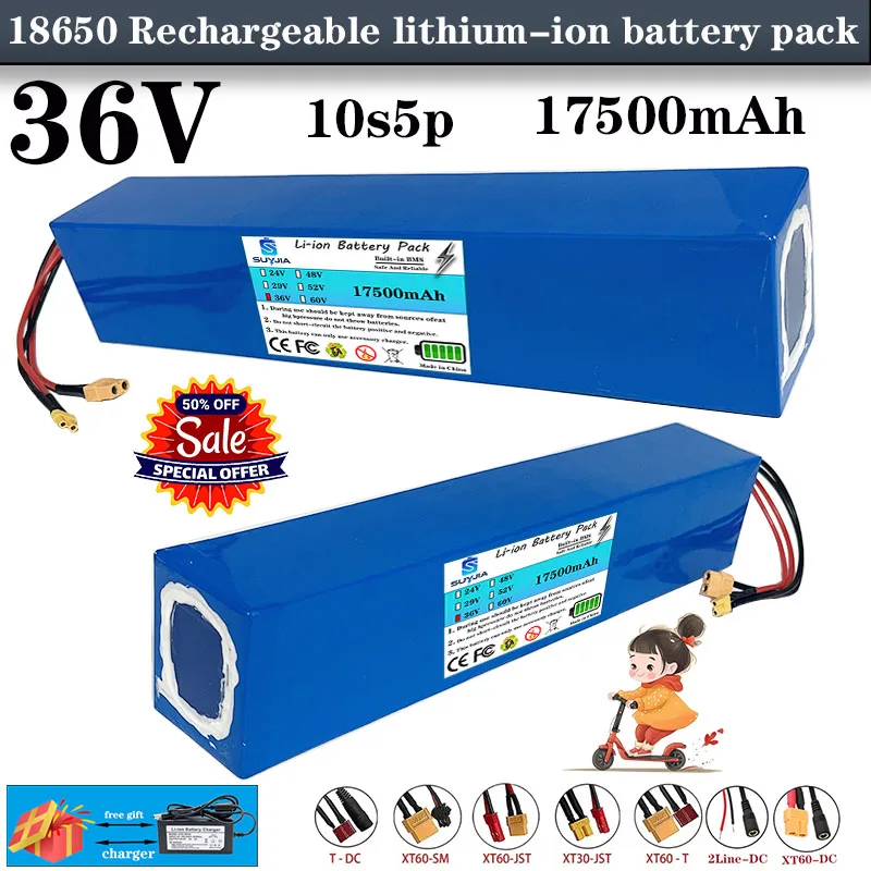 36V 17.5Ah 18650 10S5P 500W-1000W Lithium Battery Pack 42V 17500mAh High Power Motor Electric Moving Tool + 42V 2A Charger