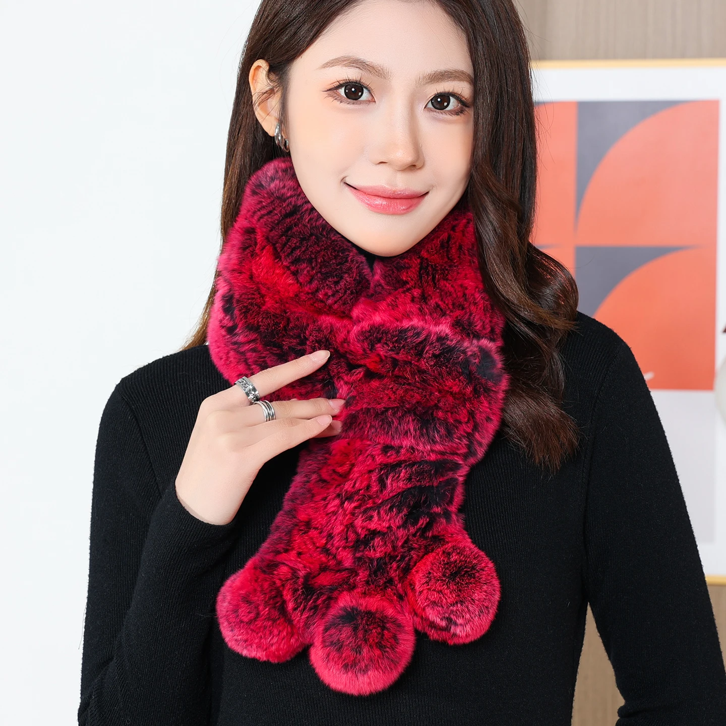 厚手の両面韓国風ニットスカーフ本物の毛皮のウサギの毛暖かいネックウォーマーかわいいボールボールスカーフ女性用