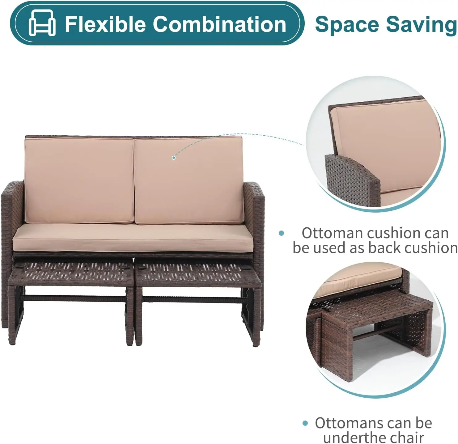 Loveseat-Conjunto de muebles de Patio para exteriores, conjunto de conversación al aire libre, mimbre para todo tipo de clima, asiento de amor con otomana/mesa lateral, 3 piezas