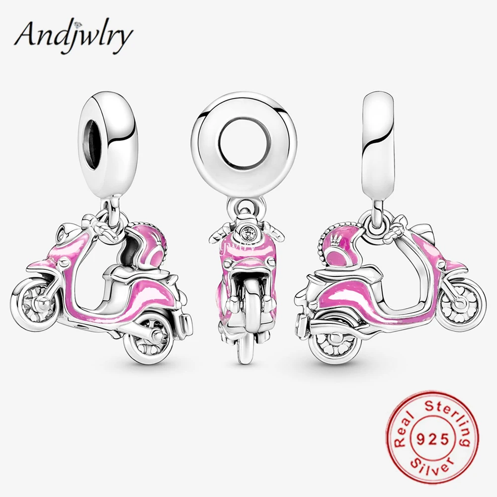 Fit Bracelet Charms 925 Sterling Silver Original Pink Small Motorcycle Dangle Charm Helmet Bead Pendant Bangle Jewelry Berloque