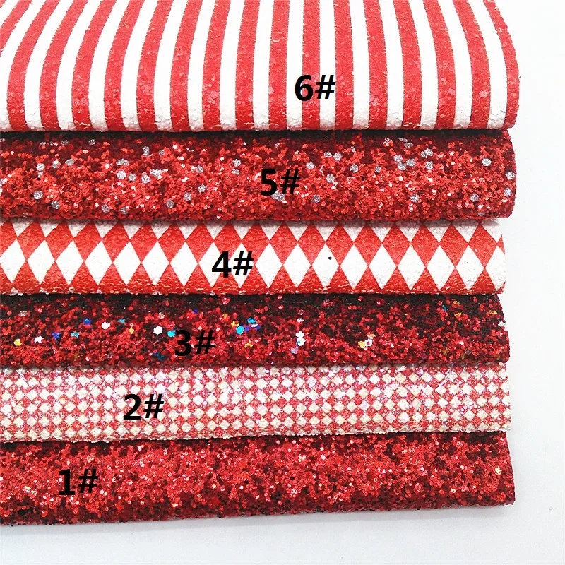 Red Chunky Glitter Leather Stripes Diamonds Grids Custom Chunky Glitter Faux Leather Sheets for DIY Craft 8.2