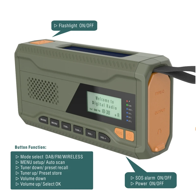 Y16A DAB/FM Bluetooth Radio Emergency Radio Built in 4500Mah Battery Portable Solar Hand Crank Radio Receiver Outdoor Radio