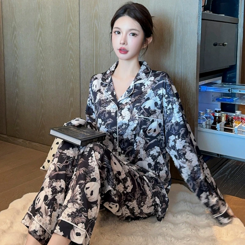 중국 스타일 레트로 블랙 팬더 프린트 여성 잠옷, 클래식 우아한 화이트 꽃 잠옷, 2025 가을 용수철 신상
