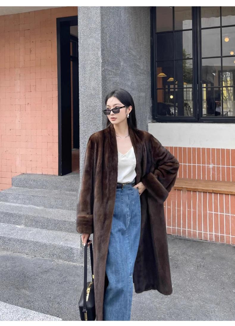 Lautaro Winter Long Vintage Elegant Luxury Chic Thick Warm Soft Brown Fluffy Faux Mink Fur Coat Women V Neck Furry Overcoat 2023