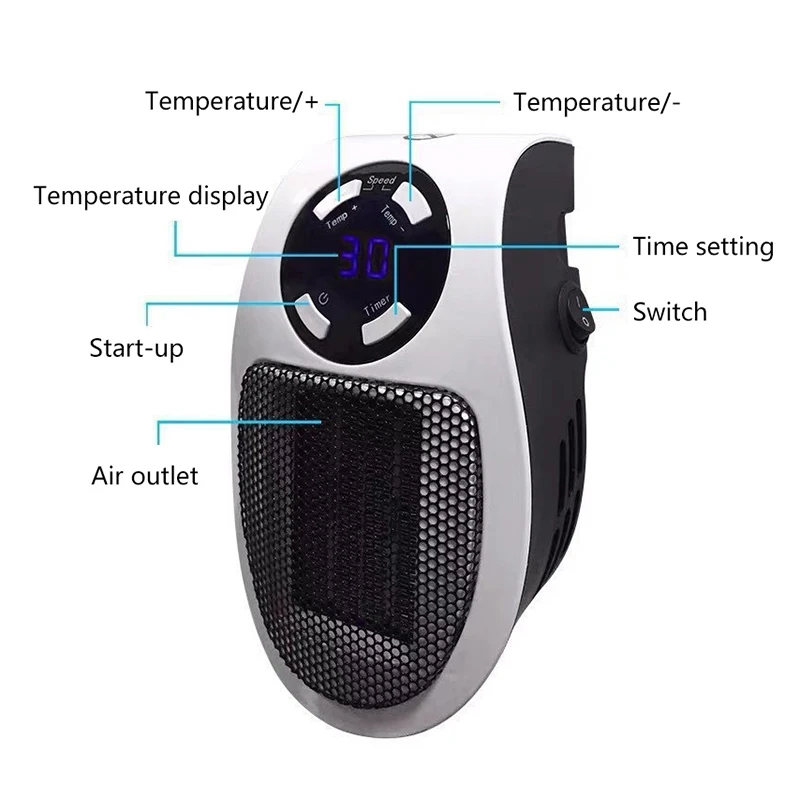 Riscaldatore portatile Riscaldatore elettrico Plug-in Riscaldatore da parete Elettrodomestico Stufa di riscaldamento Mini radiatore Scaldino remoto