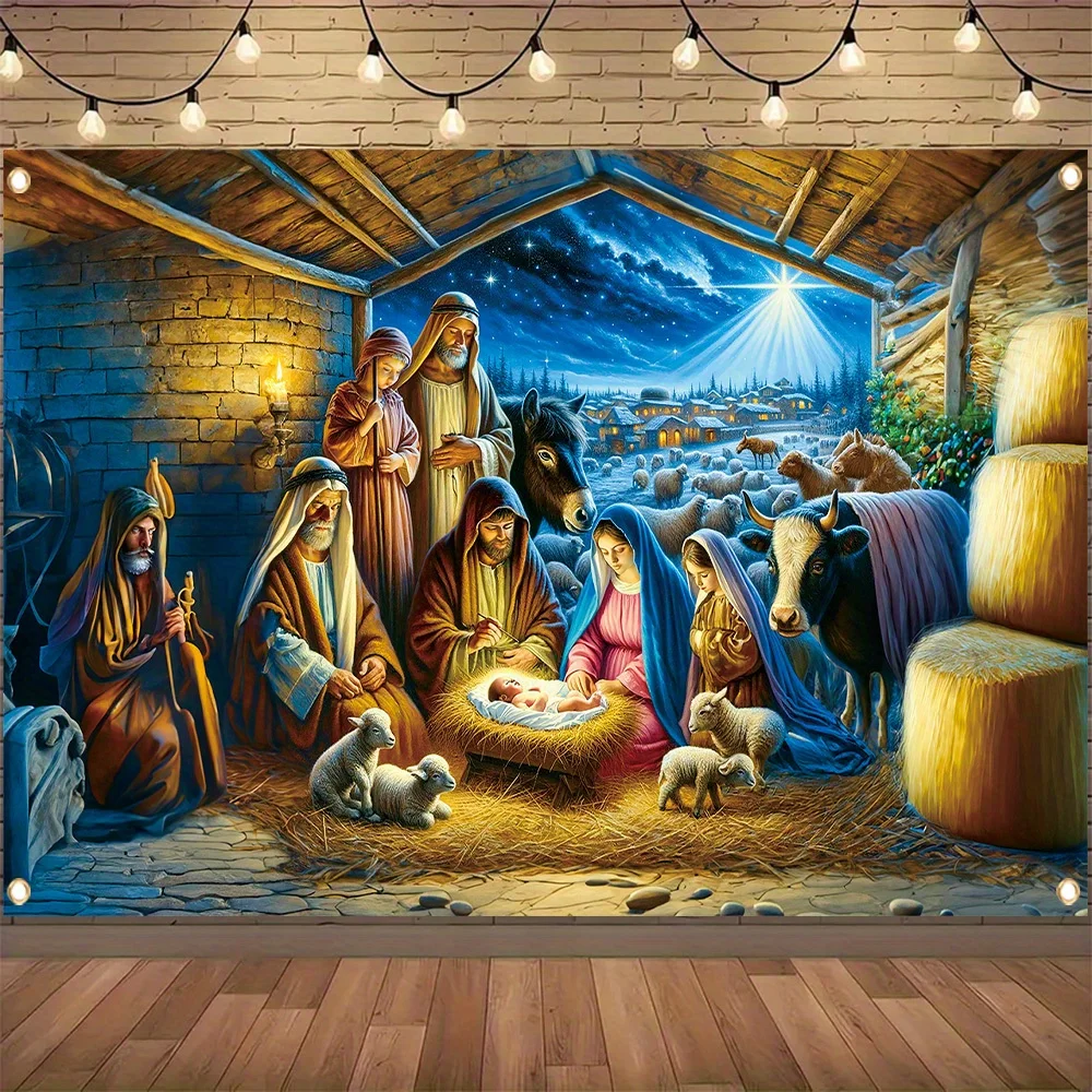 1 لافتة زخرفية لعيد الميلاد المجيد - بوليستر، ثلاثة رجال حكماء ومدني يسوع، نمط مشهد المهد، الشتاء