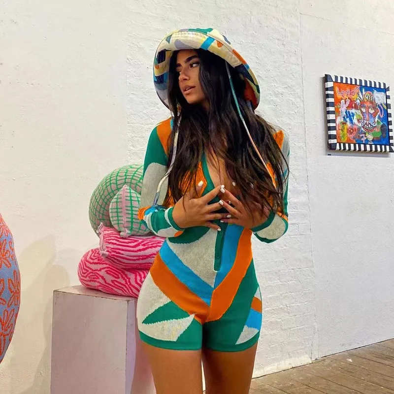 Geometry Patchwork Knit Playsuit Women Summer Long Sleeve Bodycon Biker Short Jumpsuits Femme Town-down Collar Rompers
