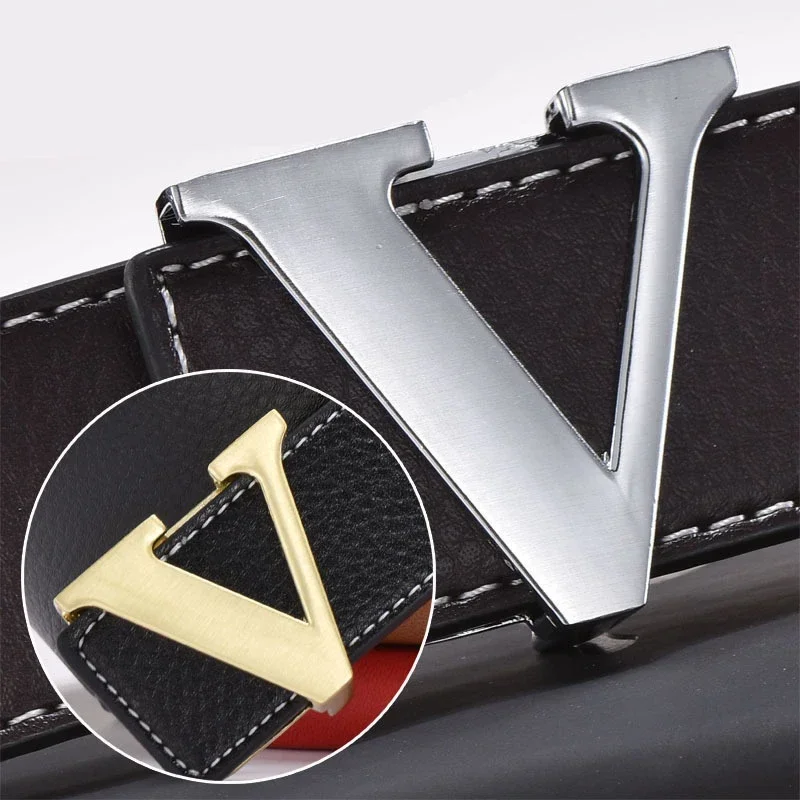 2024 Business Luxury Designer Brand V Buckle Belt Men High Quality Women Genuine Real Leather Dress Strap for Jeans Waistband